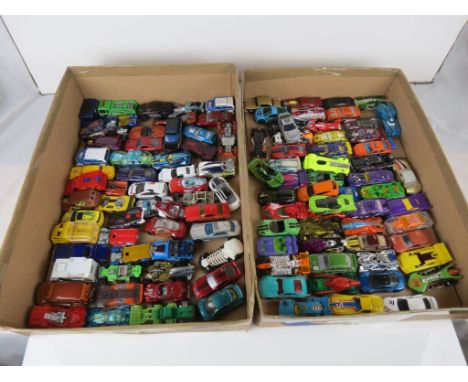Over 100 Mattel Hot Wheels model vehicles, gd overall condition, in two boxes