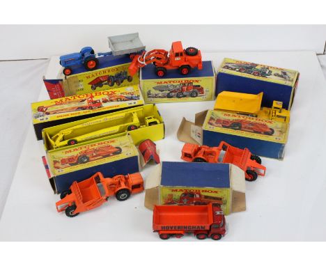 Seven boxed Matchbox Lesney K1 8 Wheel Tipper Truck, King Size 11 Fordson Tractor and Farm Trailer, K2 KW Dart Dump Truck, K6