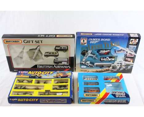 Four boxed diecast Gift & Action sets to include Matchbox James Bond License To Kill set, Matchbox British Airways Gift Set (