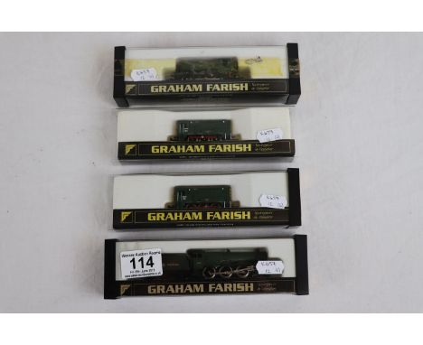 Four boxed Graham Farish N gauge engines to include D4019 Diesel, GWR 4-6-0 locomotive in green livery, GWR tank engine and D