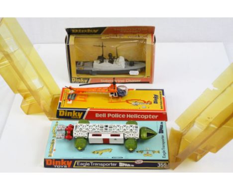Three boxed Dinky diecast models to include 359 Space 1999 Eagle Transporter, 732 Bell Police Helicopter and 673 Submarine Ch