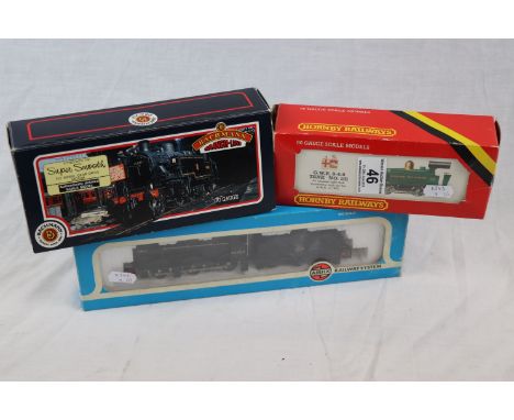 Three boxed OO gauge engines to include Airfix 44454 BR black livery (incorrect box), Hornby r077 GWR 0-4-0 Locomotive and Ba