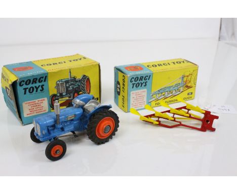 Boxed Corgi 55 Fordson Power Major Tractor in blue with range hubs (gd overall with gd box) and a boxed Corgi 56 Four Furrow 