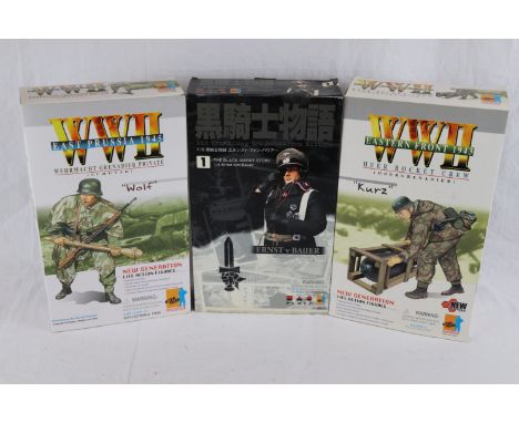 Three WW2 Dragon 1/6th scale action figures to include Wehrmacht Grenadier Private Wolf, Heer Rocket Crew Obergrenadier Kurz 