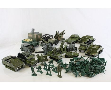 Group of vintage play worn diecast military vehicles and accessories to include Dinky & Britains