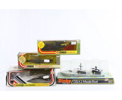 four boxed diecast models to include Dinky 672 O.S.A.2. Missile Boat, Corgi 651 Air France Concorde, Corgi 920 Beil AH-1G & 9
