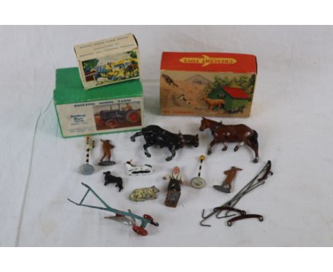 Group of diecast farm animals and accessories to include boxed 128F Fordson Major Tractor, Crescent Toys 1225 My Doggies (af)