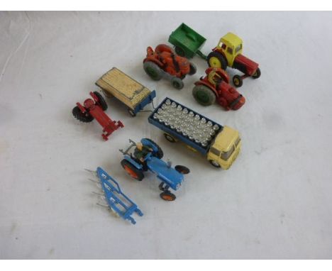 Group of vintage play worn diecast commercial and farming vehicles to include Corgi ERF Model 44G, Corgi Platform Trailer, Di