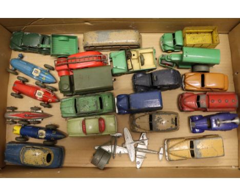 27 Vintage play worn Dinky & Corgi diecast vehicles and accessories to include Dinky Aveling Barford, 40H Austin Taxi, 23F Al