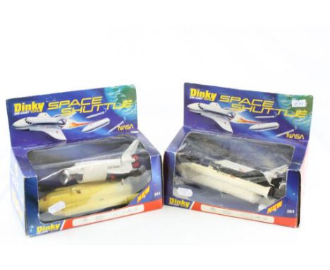 Two boxed Dinky 364 Space Shuttle models, diecast vg and complete, boxes with damage cellophane 