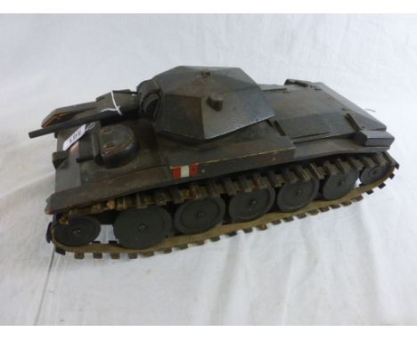 Scratch built wooden model of a tank with turning treads and turret, 18.5" in approx length