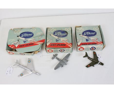 Three Tekno model planes to include 785 Hawker Hunter, 787 Super Sabre Jet Fighter and MIG 15 Jet Fighter,  785 box poor othe