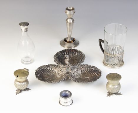 A Victorian silver mounted glass dressing table bottle, Cox &amp; Sons, London 1891, the baluster form bottle of circular foo