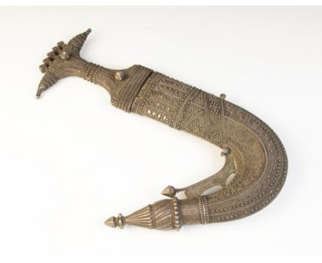 A Middle Eastern jambiya, the handle and scabbard ornately decorated with beaded and rope twist decoration, blade 21cm long, 