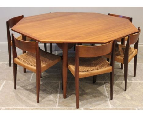 A set of six mid century Danish design teak dining chairs in the manner of Mogens Kold, each with a concave back rail above a