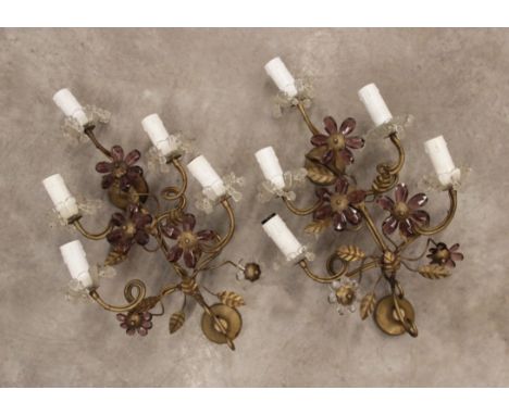 A pair of French painted metal five branch wall light fittings, early 20th century, each of scrolling form, punctuated with m