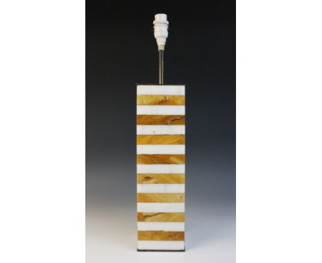 An Art Deco style banded agate lamp base, designed as alternating bands of white and gold marble, base 35.1cm x 10c x 10cm, o