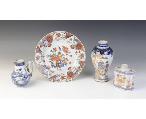 A selection of 18th century Chinese porcelain, comprising; a Yongzheng (1722-1735) pseudo Tobacco leaf rouge-decorated plate,