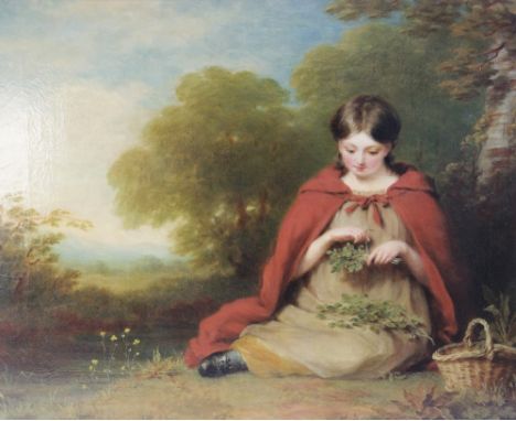 Edward Frederick Green (British, c.1767-1851),Portrait of a red cloaked girl sitting beneath a tree,Oil on canvas,Signed and 