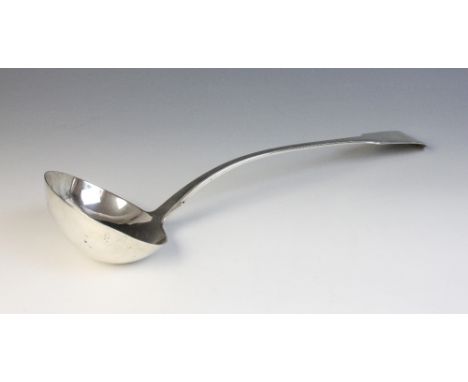 A George III silver fiddle pattern ladle, Richard Poulden, London 1819, 33.5cm long, weight 6.07oztCR; No large dents, splits