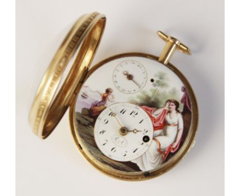 A continental yellow metal open face pocket watch by Robert Courvoisier, 19th century, the gold toned case enclosing a circul