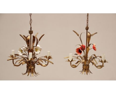 A pair of mid century Italian toleware wheatsheaf three branch ceiling light fittings, each formed from wheatsheaf sprays pun