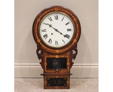 A Victorian walnut drop dial wall clock, the 29cm painted white dial enclosing the two train 'Superior 8-day Anglo-American' 