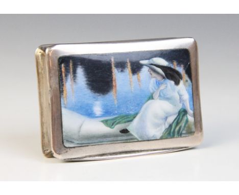 A continental silver and enamel snuff box, of rectangular form, the cover depicting a lady in Edwardian attire looking over a