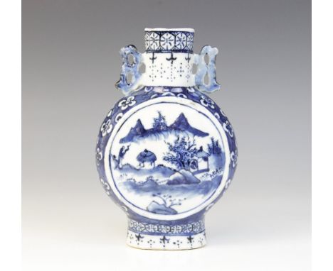 A Chinese porcelain blue and white pilgrims flask, 19th century, of moon form decorated with a landscape mountainous scene, t