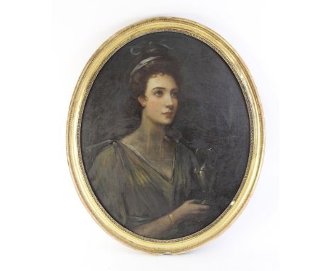 English school (19th century),An oval portrait of a lady in classical dress holding an urn,Oil on canvas,Unsigned (possibly a