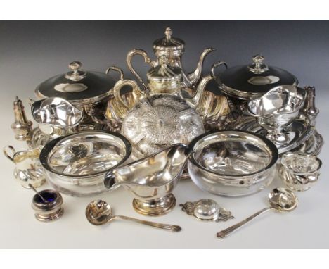 A large selection of silver plated tableware, to include a pair of Christofle twin-handled dishes and covers, each 30cm wide,