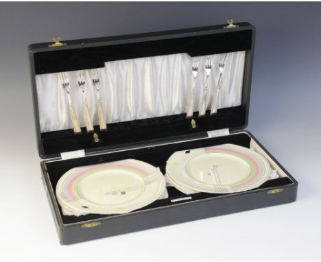 A cased Myott, Sons & Co Art Deco dessert service, comprising: six dessert plates, each hand painted in a pastel rainbow desi