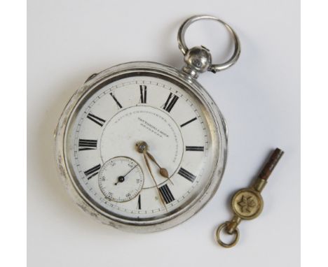 A Victorian Fattorini & Sons silver pocket watch, the circular white enamel dial with roman numerals, outer seconds track and