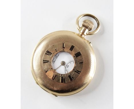 A ladies 14ct gold half-hunter fob watch, the round white enamel dial with roman numerals and subsidiary dial to six 'o' cloc