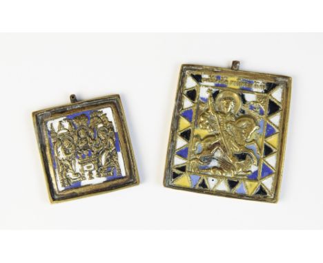 A 19th century Russian gilt metal enamel icon, of rectangular form, depicting St. George upon a horse slaying a dragon, decor