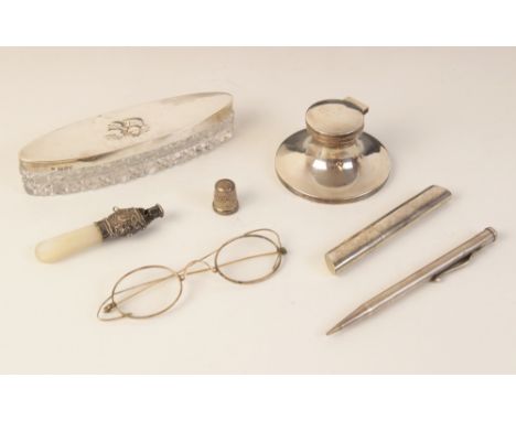 A selection of silver and silver coloured tableware and accessories, to include a cut glass silver mounted dressing table jar