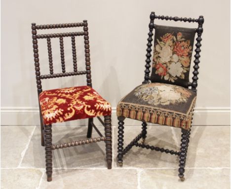 A 19th century ebonised bobbin turned chair, with floral tapestry upholstered back rest and seat, raised upon bobbin turned s