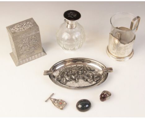 A George V silver and tortoiseshell, cut glass dressing table bottle, London 1916 (maker's marks worn), the faceted spherical