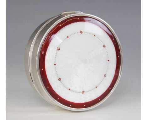 An early 20th century Hungarian silver enamelled box, of circular form with red and white guilloche enamel decoration to hing