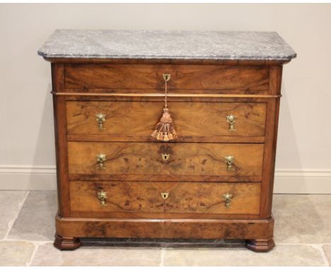 A Louis XV style burr walnut and marble top commode chest, late 19th/early 20th century, the figured grey marble top with can
