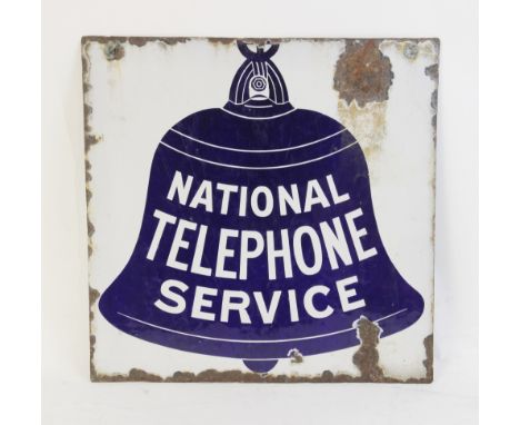 A vintage double sided enamel sign for the National Telephone Service, 20th century, designed as a large blue bell against a 