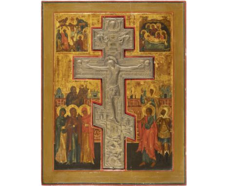 GROSSFORMATIGE STAUROTHEK MIT DER KREUZIGUNG CHRISTI, DER KREUZABNAHME UND DER GRABLEGUNG    Russland, 19. Jh.   Verbund drei