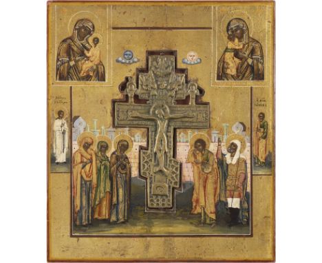 STAUROTHEK MIT DER KREUZIGUNG CHRISTI UND ZWEI GNADENBILDERN DER GOTTESMUTTER    Russland, 19. Jh.   Verbund zweier Bretter m