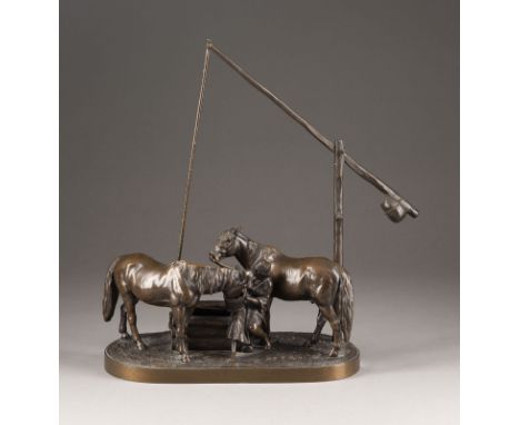 A. M. BONEGOR  RUSSLAND, ENDE 19. JH.    MÄDCHEN BEIM TRÄNKEN DER PFERDE   Bronze, dunkel patiniert. L. 36 cm, H. 45,5 cm. Au