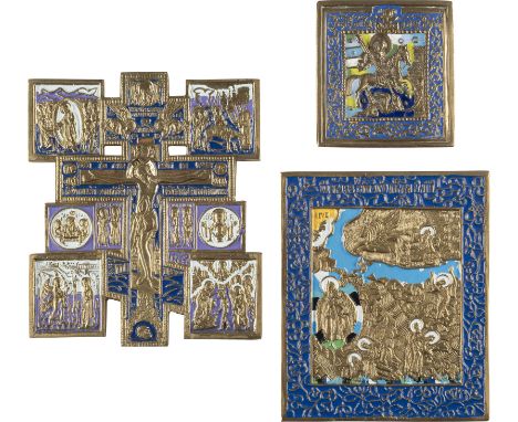 DREI BRONZE-IKONEN: MEHRFARBIG EMAILLIERTE IKONE MIT DEM HEILIGEN GEORG DEM DRACHENTÖTER SOWIE ZWEI IKONEN: PROPHET ELIAS UND