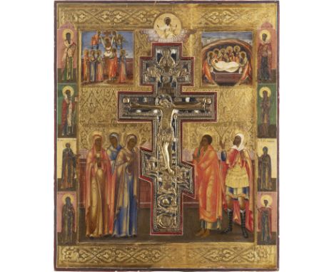 GROSSFORMATIGE STAUROTHEK MIT DER KREUZIGUNG CHRISTI    Russland, um 1860   Verbund dreier Zypressenholz-Bretter mit zwei Rüc