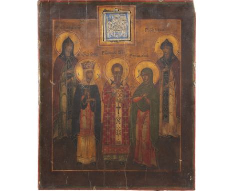 PATRONATSIKONE MIT FÜNF AUSGEWÄHLTEN HEILIGEN UND DER ALTTESTAMENTLICHEN DREIFALTIGKEIT    Russland, 19./20. Jh.   Holztafel 