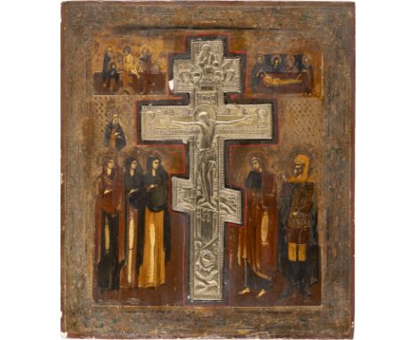 STAUROTHEK MIT DER KREUZIGUNG CHRISTI    Russland, Ende 19. Jh.   Verbund zweier Bretter mit zwei Stirnseiten-Sponki. Eitempe
