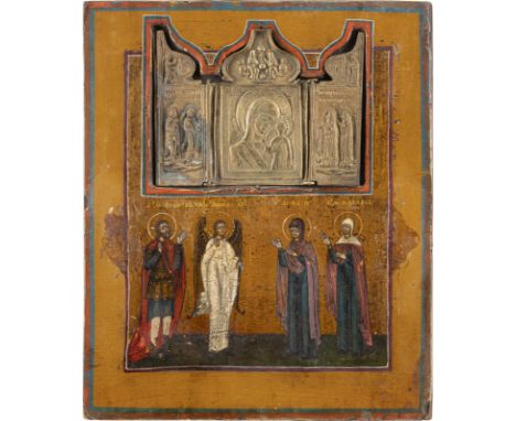 STAUROTHEK MIT TRIPTYCHON UND AUSGEWÄHLTEN HEILIGEN    Russland, Ende 19. Jh.   Verbund zweier Bretter mit zwei Stirnseiten-S
