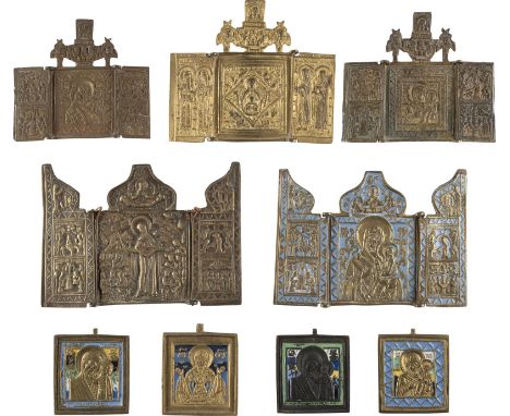 SAMMLUNG VON NEUN BRONZE-IKONEN MIT GNADENBILDERN DER GOTTESMUTTER    Russland, 18./19. Jh.   Bronze, reliefiert gegossen und
